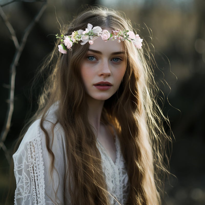 Vivivalue Floral Halo Boho Flower Headband Floral Crown Headpiece Hair Wreath with Ribbon Wedding Party Prom Photos Festival Pink - Image 4